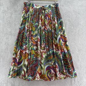 Studio West Midi Skirt XL Green Blue Floral Pleated Fully Lined Elastic Waist